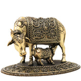 Brass Kamdhenu Gomata Idol with Calf for Pooja, Vastu & Home Decor, Handcrafted Traditional Murti, Gold, 3.5 Inch, 1 Piece