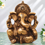 Brass Ganapati Vinayaka Idol Handcrafted Traditional Takiya Ganesha Murti for Pooja Home Decor & Gifting, Gold, 4 Inch, 1 Piece