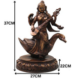 Brass Saraswati On Swan Idol, Handcrafted Hamsavahini Vagdevi Murti for Pooja, Home Decor & Gifting, Gold, 14.5 Inch, 1 Piece