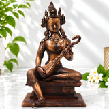 Brass Saraswati Idol with Wooden Stand Handcrafted Vagdevi Sharada Murti for Pooja, Decor & Gifting, Gold, 14 Inch, 1 Piece