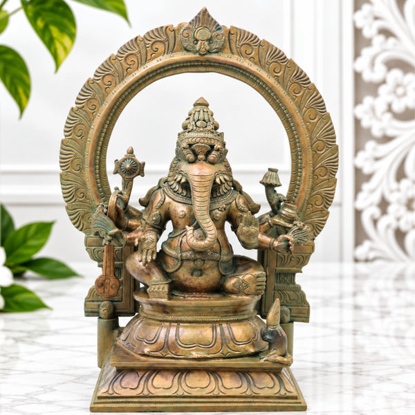 Bronze Narasimha Ganesha Idol, Handcrafted Chola Style Narasimha Ganapati Murti for Pooja, Home Decor & Gifting, Brown, 14 Inch, 1 Piece