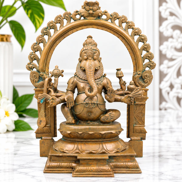 Bronze Narasimha Ganesha Idol, Handcrafted Chola Style Narasimha Ganapati Murti for Pooja, Home Decor & Gifting, Brown, 16 Inch, 1 Piece