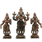 Bronze Sriman Narayana Vishnu Sri Devi Bhu Devi Murti in Antique Finish for Pooja, Home Decor & Gifting, Handcrafted Chola Idol, Brown, 4 Inch, 1 Piece