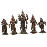 Bronze Lakshmi Narayana Idol with Sri Devi Bhu Devi in Antique Finish, Handcrafted Chola Vishnu Murti for Pooja, Decor & Gifting, Brown, 4 Inch, 1 Piece