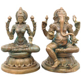 Bronze  Ganesh Lakshmi Idol Pair, Handcrafted Chola Style Ganapati Murti for Pooja, Brown, 4.5 Inch, 1 Piece