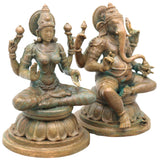 Bronze  Ganesh Lakshmi Idol Pair, Handcrafted Chola Style Ganapati Murti for Pooja, Brown, 4.5 Inch, 1 Piece
