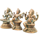 Bronze Saraswati Lakshmi Ganesha Idol Set, Handcrafted Hindu God Murti for Puja,  Brown, 4.5 Inch, 3 Piece
