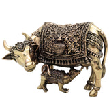 Brass Kamdhenu Cow Idol, Kamadhenu Gau Mata Murti, Handcrafted Statue for Pooja, Vastu & Gifting, Gold, 5 Inch, 1 Piece