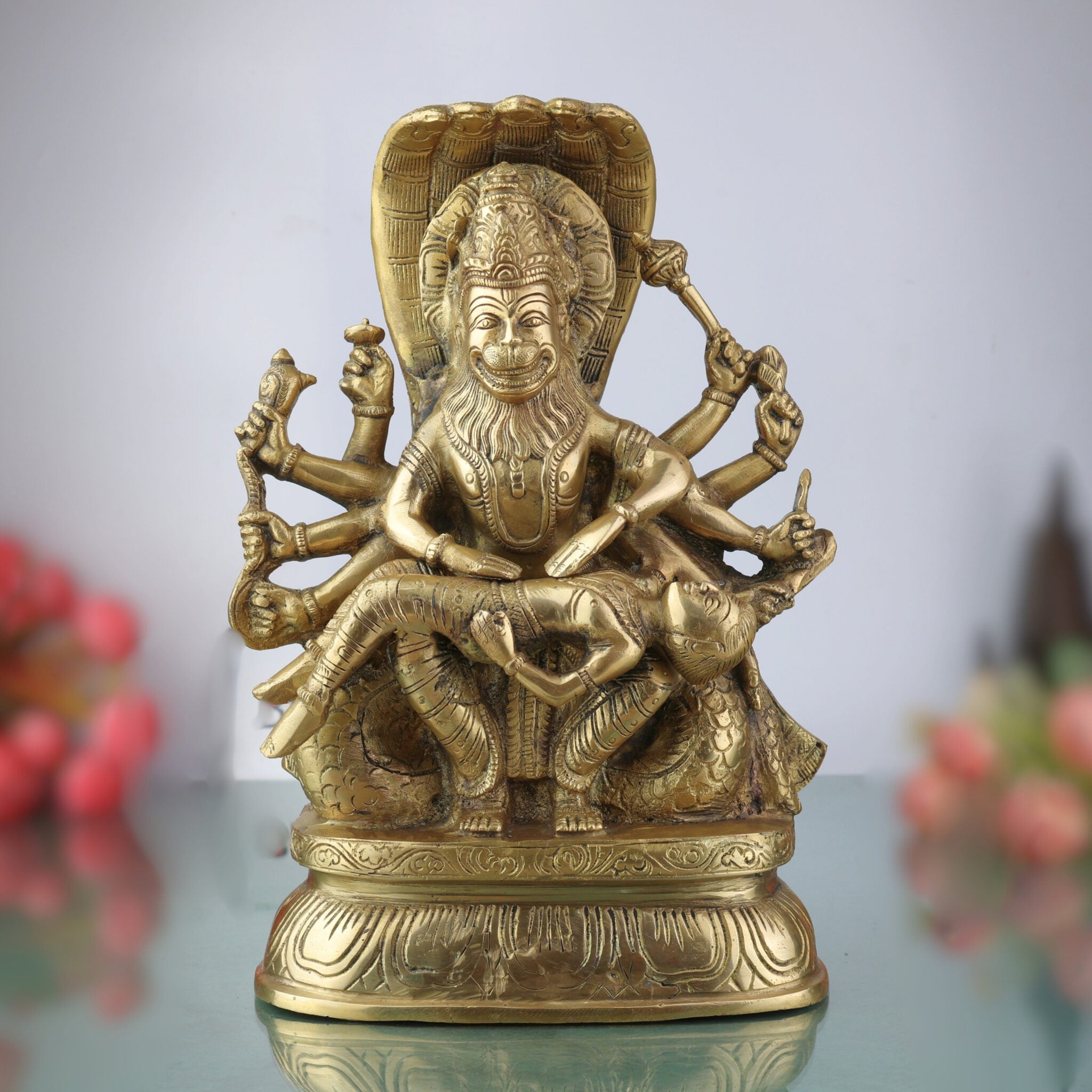 Ugra Narasimha Brass Idol Killing Hiranyakashipu, Lakshmi Narasimha Murti, Veera Narasimha Vigraha, Lord Narasimha Pooja Statue, Prahlada Protection Sculpture