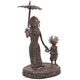 Brass Dhokra Lady and Child Figurine, Bastar Tribal Art, 8 Inch