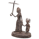 Brass Dhokra Lady and Child Figurine, Bastar Tribal Art, 8 Inch