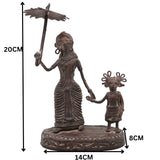 Brass Dhokra Lady and Child Figurine, Bastar Tribal Art, 8 Inch