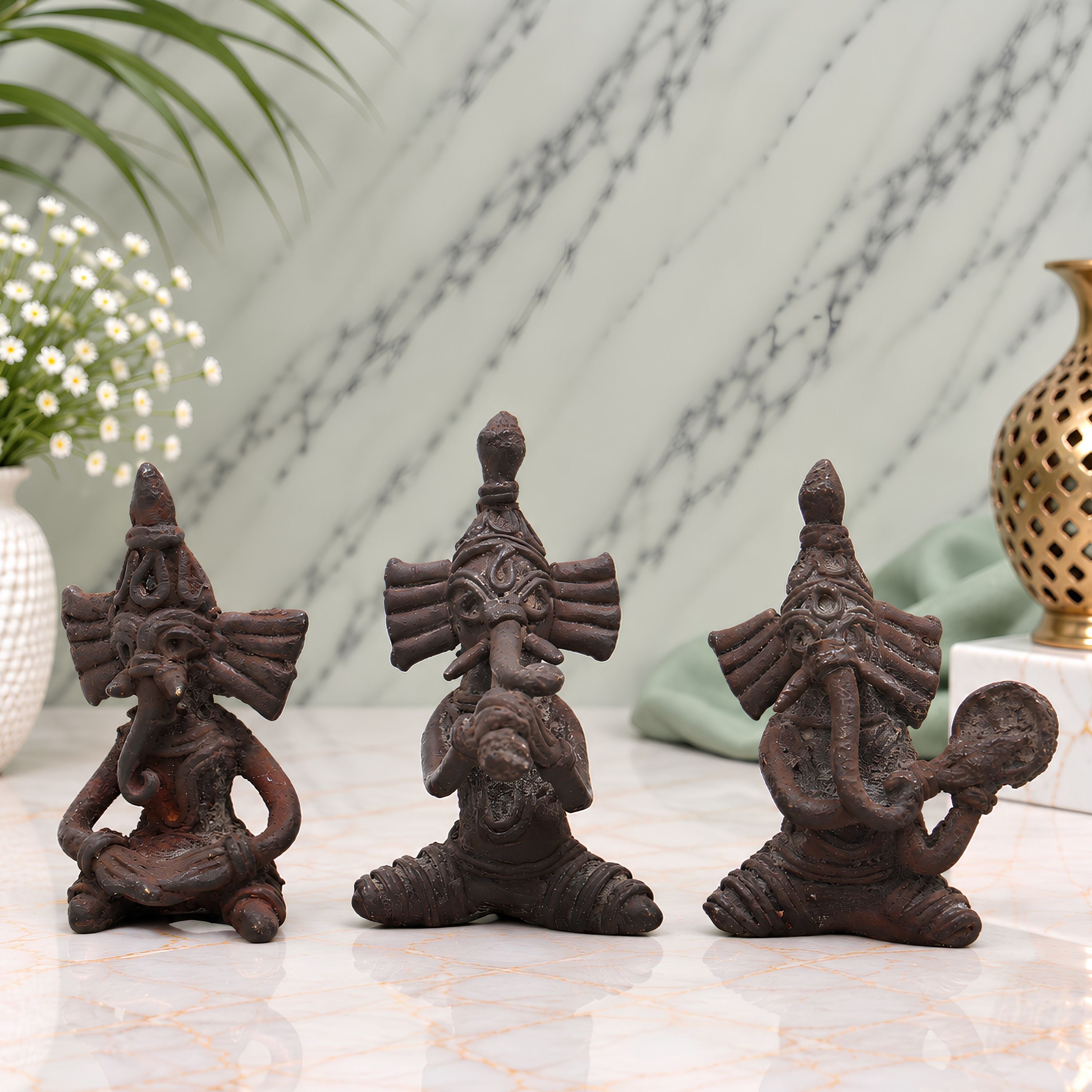 Tribal art 3 Musician Ganesha Set Sculpture