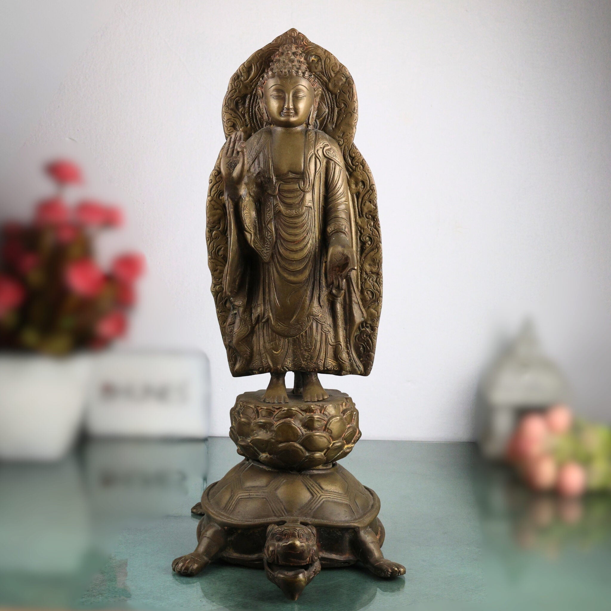 Brass Standing Buddha on Tortoise Idol | Buddha Murti Statue Vigraha Pratima Moorthi Sculpture | Peetal Pital Pittal Ashtadhatu Buddhist Home Decor & Vastu Showpiece