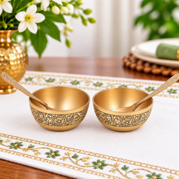 Handcrafted Bronze Bowl with Spoon Set of Two, Kansa Katori for Pooja, Prasad, Home Decor & Gifting, Gold, 1.5 Inch, 2 Piece