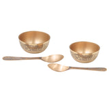 Handcrafted Bronze Bowl with Spoon Set of Two, Kansa Katori for Pooja, Prasad, Home Decor & Gifting, Gold, 1.5 Inch, 2 Piece