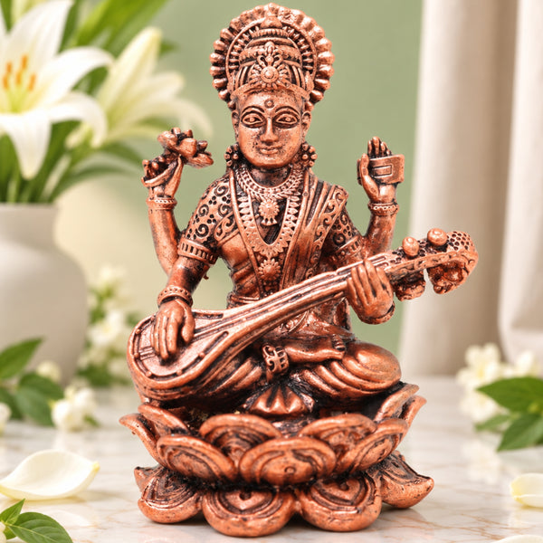 Handcrafted Copper Saraswati Idol, Goddess of Wisdom Murti for Pooja, Home Decor, Vastu & Gifting, Brown, 3 Inch, 1 Piece