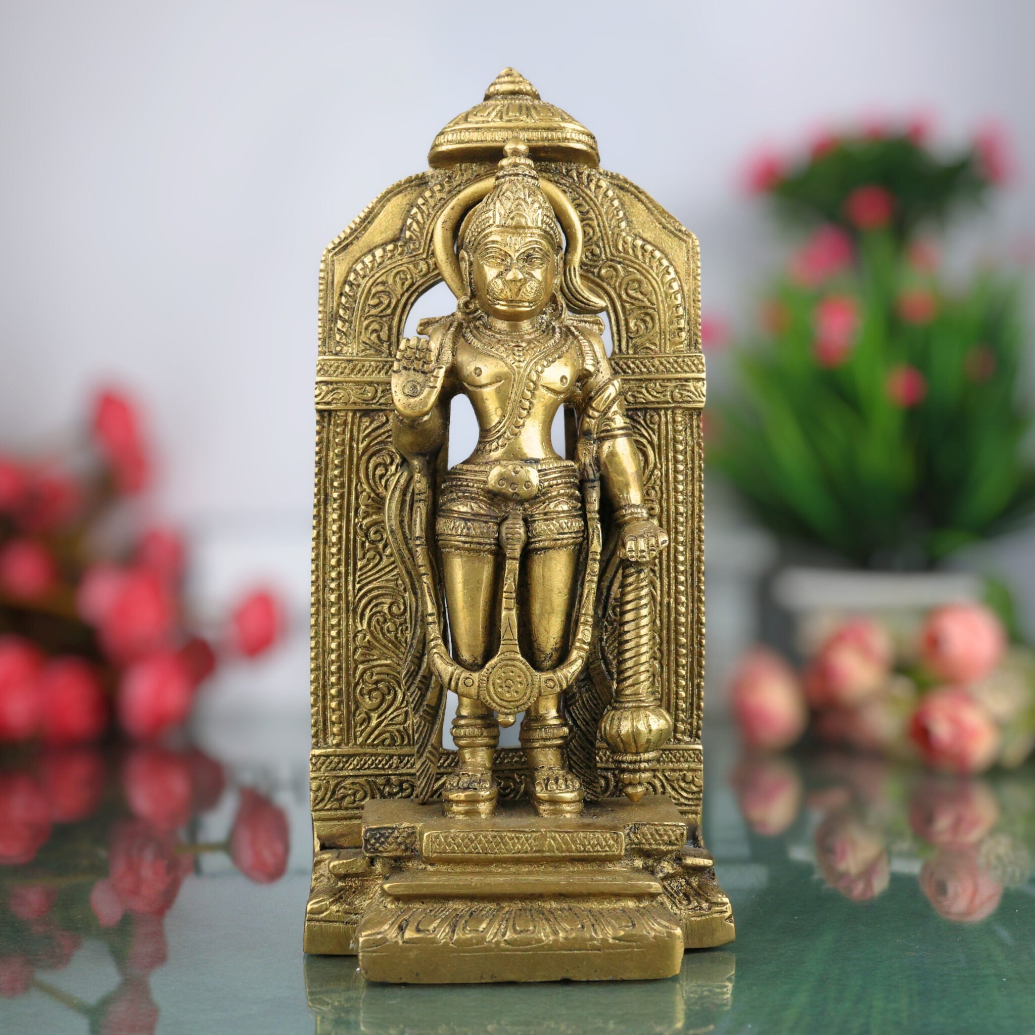 Brass Hanuman Idol with Prabhavali – Maruti, Bajrangbali, Anjaneya, Vayuputra Murti for Home Temple, Pooja & Gift Decor