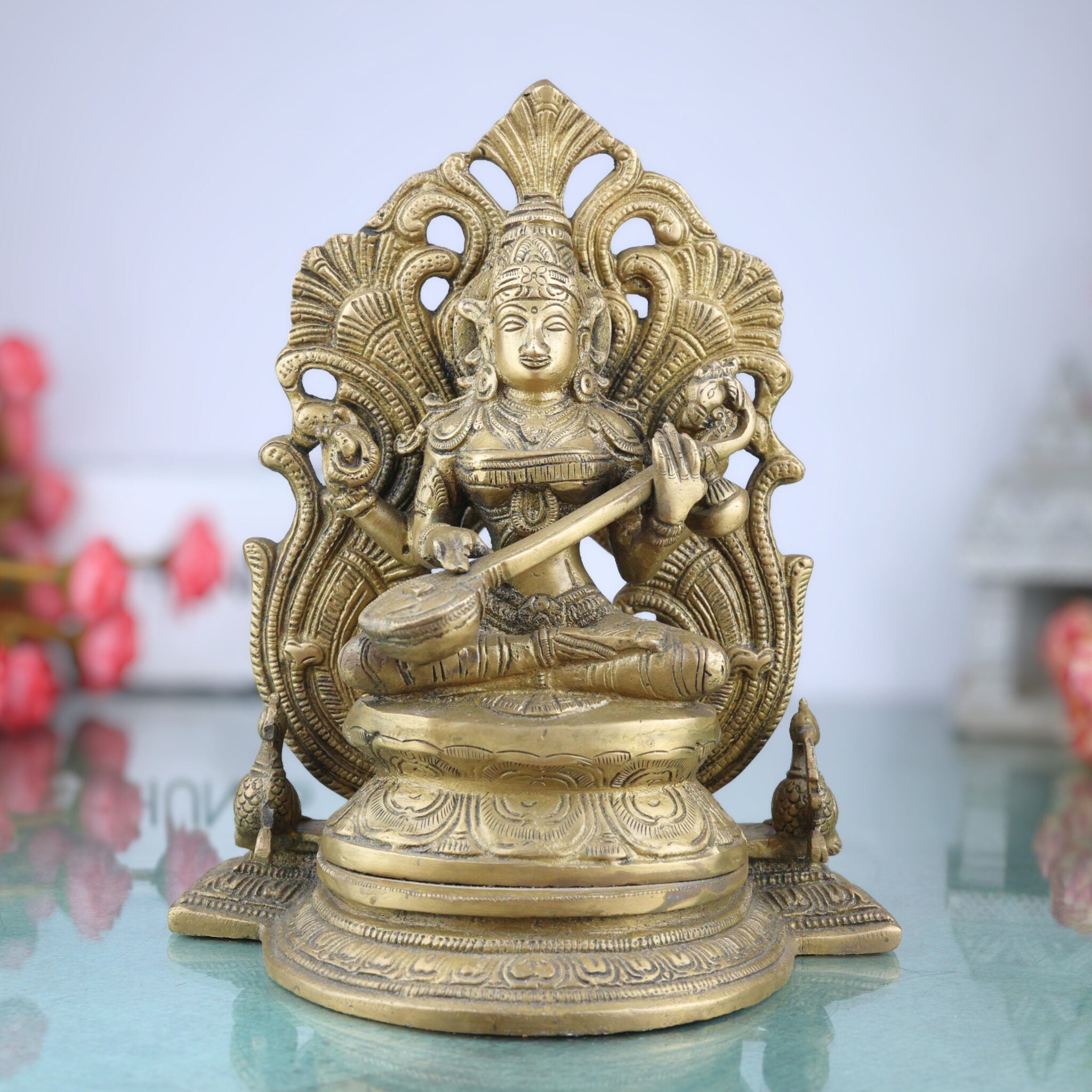 Brass Goddess Saraswati Idol, Sarasvati Statue, Vidya Devi, Saraswathi Vigraha For Poja And Home Decor