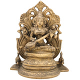 Brass Saraswati Idol, Peetal Sharada Devi Murti, Vagdevi Veenapani Statue, Bharati Gayatri Saraswati Vigraha for Pooja Room, Home Decor & Gifts,Gold, 9.5 Inch, 1 Piece