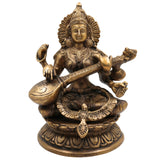 Brass Saraswati Idol | Maa Saraswati Murti | Sharada Statue | Vagdevi Vidya Devi Sculpture | Veena Pustak Dharini Idol | Goddess of Knowledge & WisdomGold, 10 Inch, 1 Piece