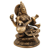 Brass Saraswati Idol | Maa Saraswati Murti | Sharada Statue | Vagdevi Vidya Devi Sculpture | Veena Pustak Dharini Idol | Goddess of Knowledge & WisdomGold, 10 Inch, 1 Piece