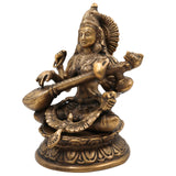 Brass Saraswati Idol | Maa Saraswati Murti | Sharada Statue | Vagdevi Vidya Devi Sculpture | Veena Pustak Dharini Idol | Goddess of Knowledge & WisdomGold, 10 Inch, 1 Piece