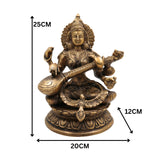 Brass Saraswati Idol | Maa Saraswati Murti | Sharada Statue | Vagdevi Vidya Devi Sculpture | Veena Pustak Dharini Idol | Goddess of Knowledge & WisdomGold, 10 Inch, 1 Piece