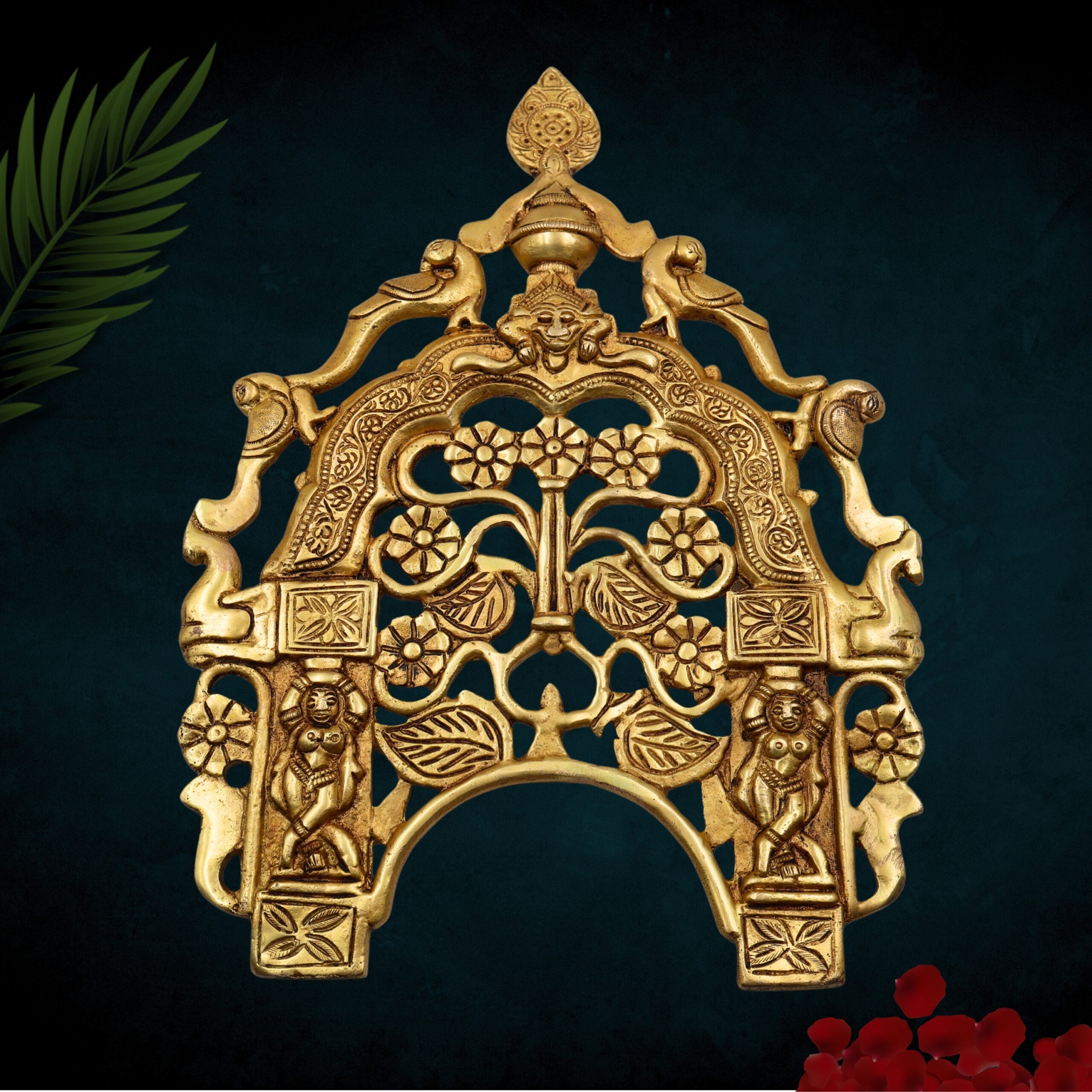 Brass Hand Craved Prabhavali Frame Arch Wall Hanging Prabhawal With Birds And Flowers