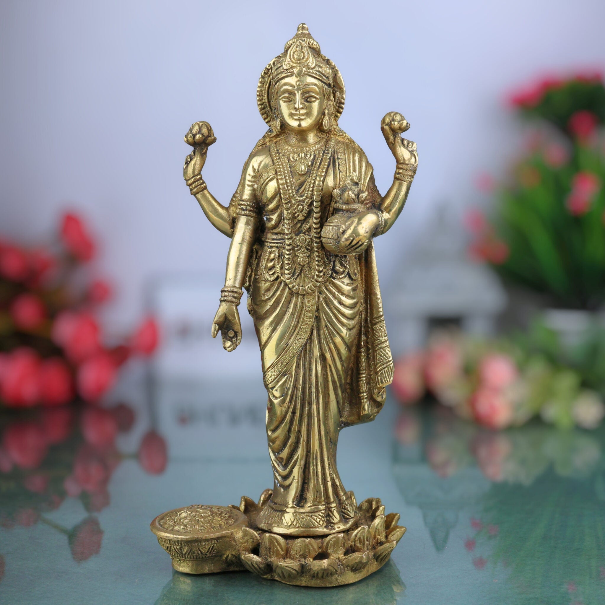 Brass Dhana Lakshmi Idol | Handcrafted Mahalakshmi Padma Narayani Statue | Pital Shri Devi Murti for Pooja, Temple, Home Decor & Prosperity