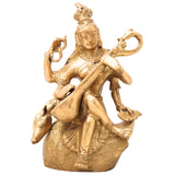 Brass Saraswati Idol, Peetal Vagdevi Sharada Devi Murti, Handmade Bharati Vani Statue for Pooja, Home & Temple Decor,Gold, 7.5 Inch, 1 Piece