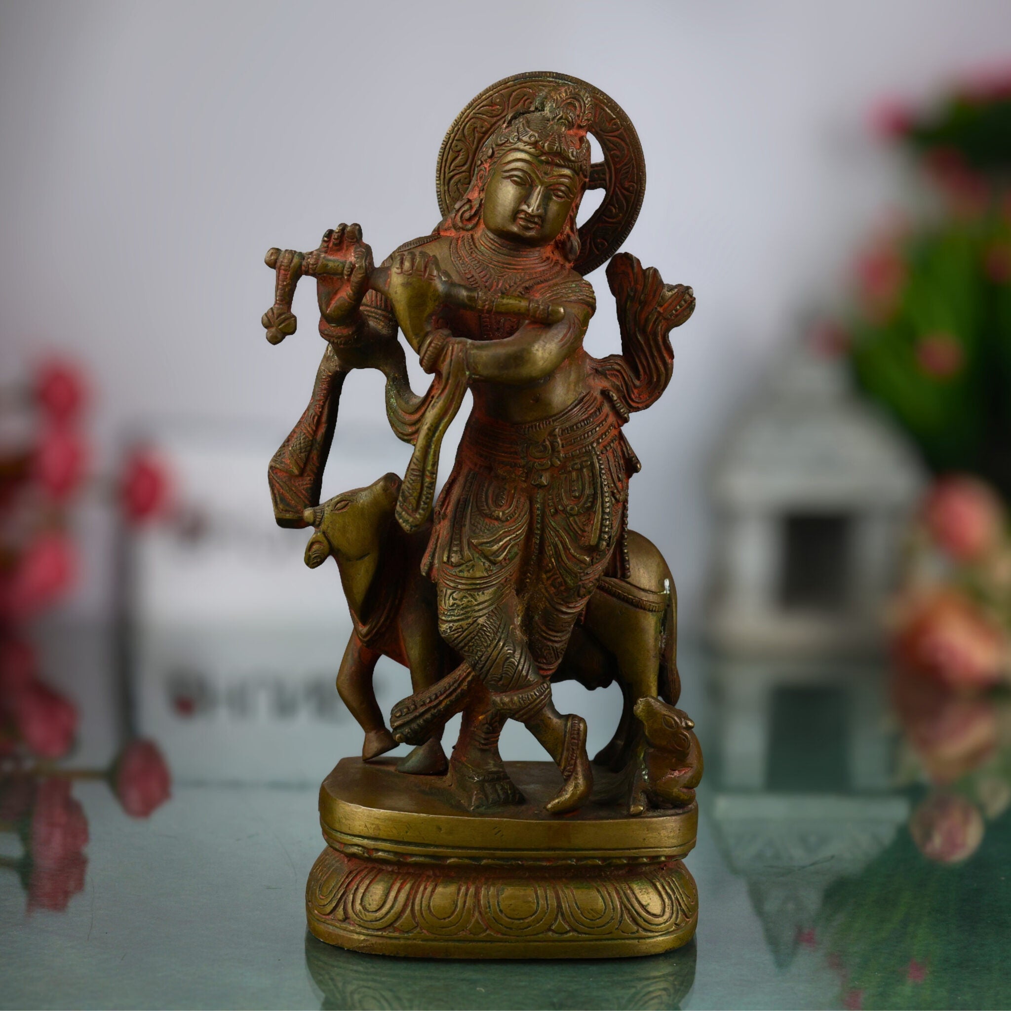Brass Krishna with Cow Idol | Bal Gopal Govinda Murti | Peetal Kanhaiya Statue for Puja, Home Decor & Gifts