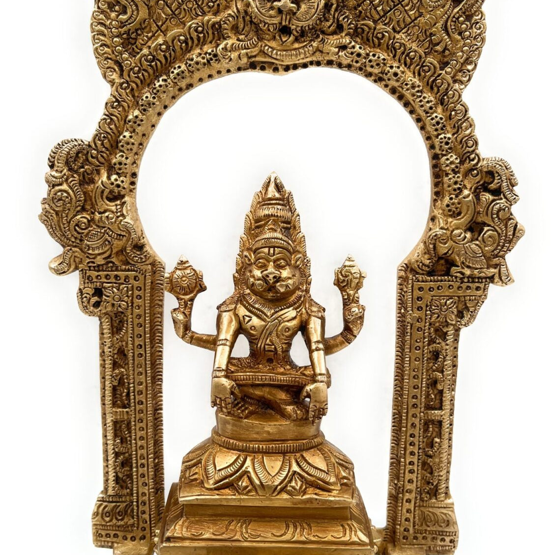 Brass Narasimha Swamy Silai, Narasingha Idols For Pooja Home Decor, Narasingh On Lotus Chowki With Temple Shaped Prabhavali