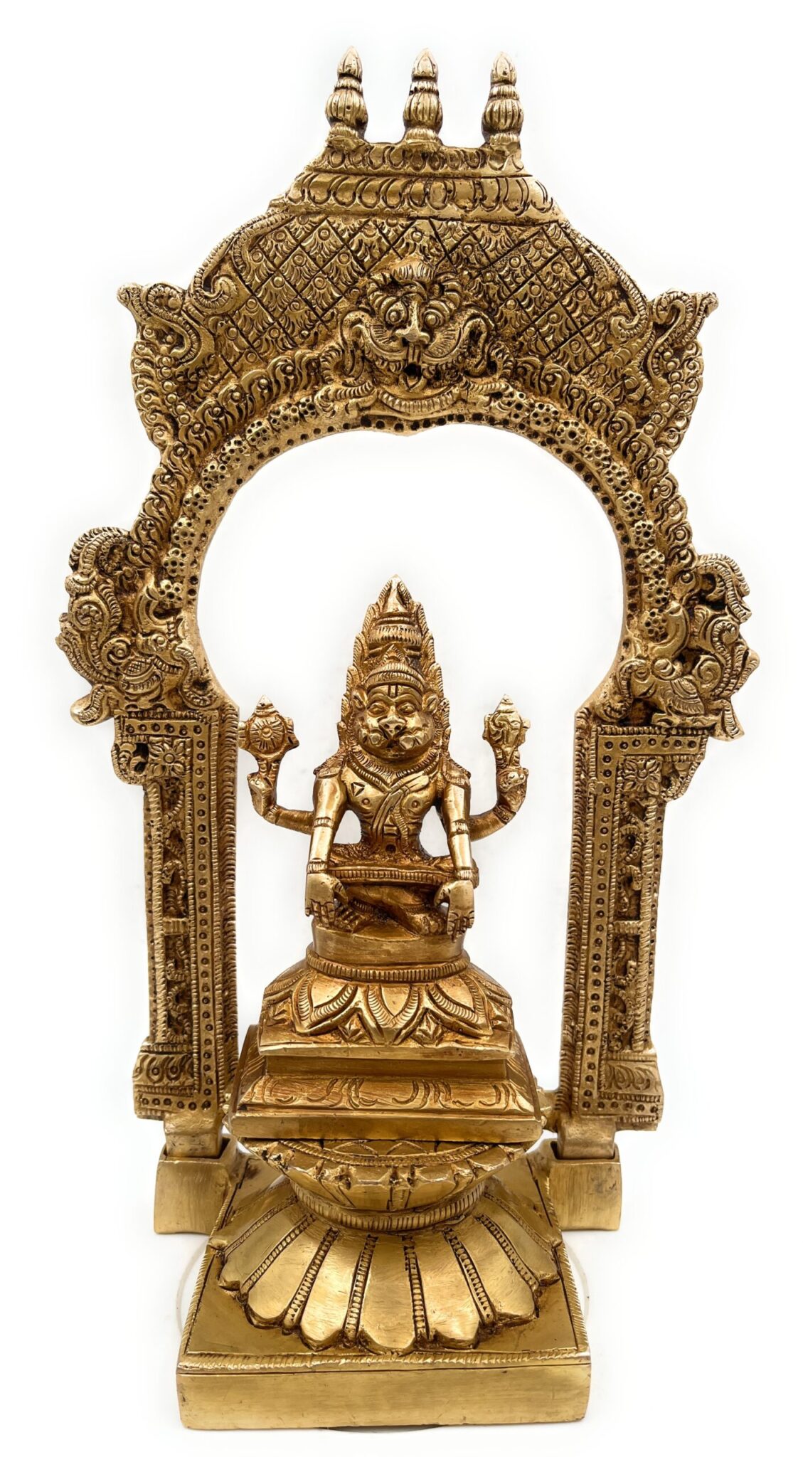 Brass Narasimha Swamy Silai, Narasingha Idols For Pooja Home Decor, Narasingh On Lotus Chowki With Temple Shaped Prabhavali