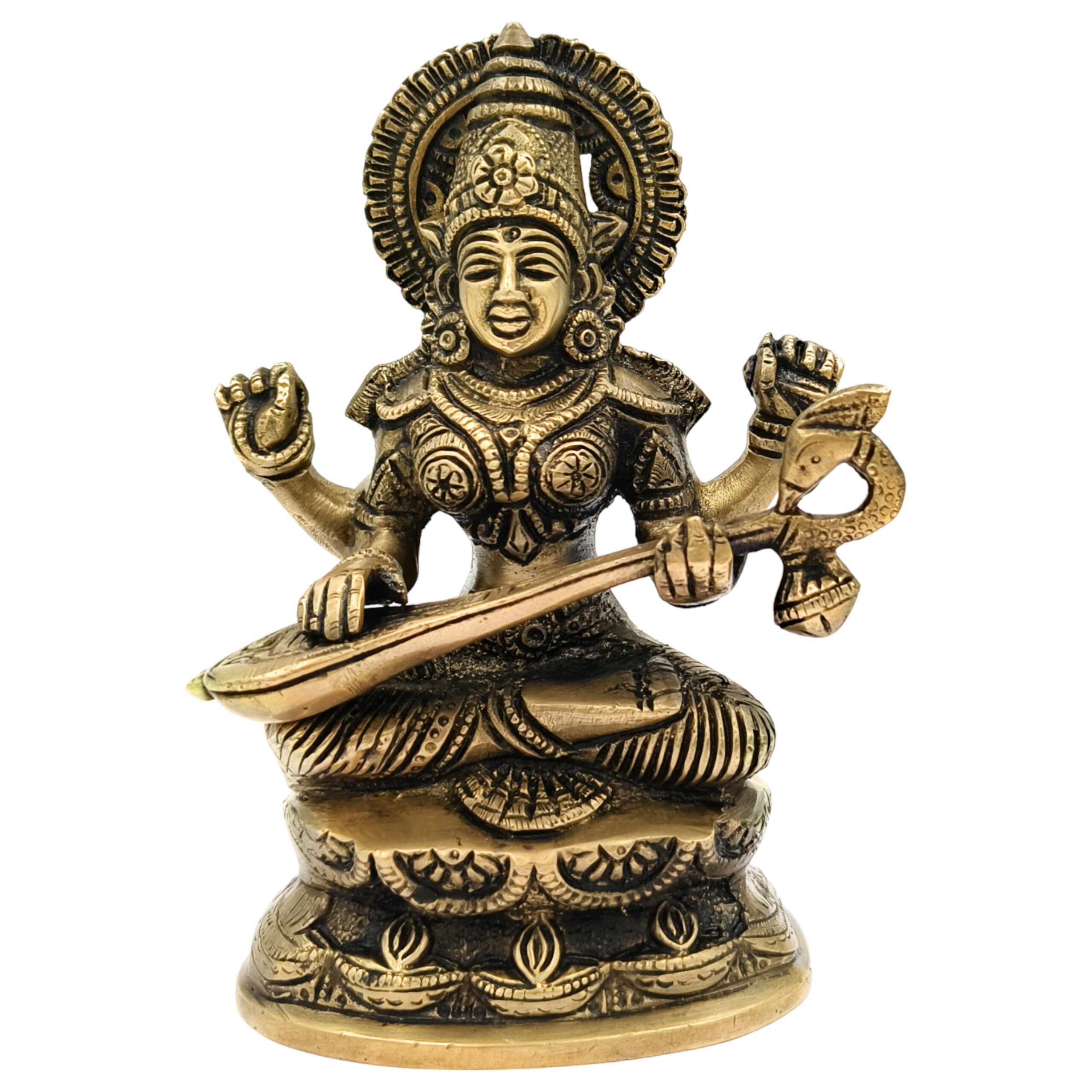 Brass Goddess Saraswati Idol, Sarasvati Murti, Vidya Devi Figurine, Saraswathi Vigraha For Puja And Home Decor