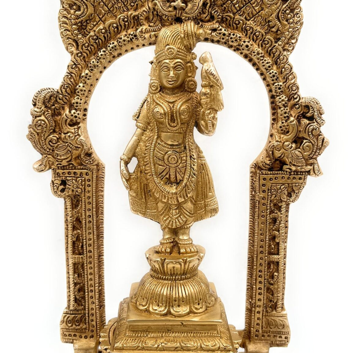 Brass Meenakshi Idols, Lakshmi Statue, Laxmi Ji Ki Murti On Lotus Chowki With Temple Shaped Prabhavali