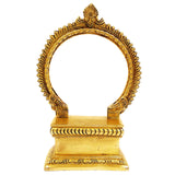 Brass Chowki with Prabhavali | Temple Singhasan Peetha for Idols | Pooja Bajot Deity Stand with Arch, Gold, 10 Inch, 1 Piece