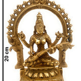 Brass Saraswati Idol, Handcrafted Sharada Vagdevi Bharati Statue, Veenapani Kalaimagal Vidyadayini Pital Murti for Pooja, Temple & Home Decor,Gold, 8 Inch, 1 Piece