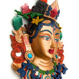 Hand Painted Brass Tara Face Idol, Tibetan Arya Tara Devi Drolma Mask, Pitala Durga Face Wall Hanging, 12 Inch, 1 Piece