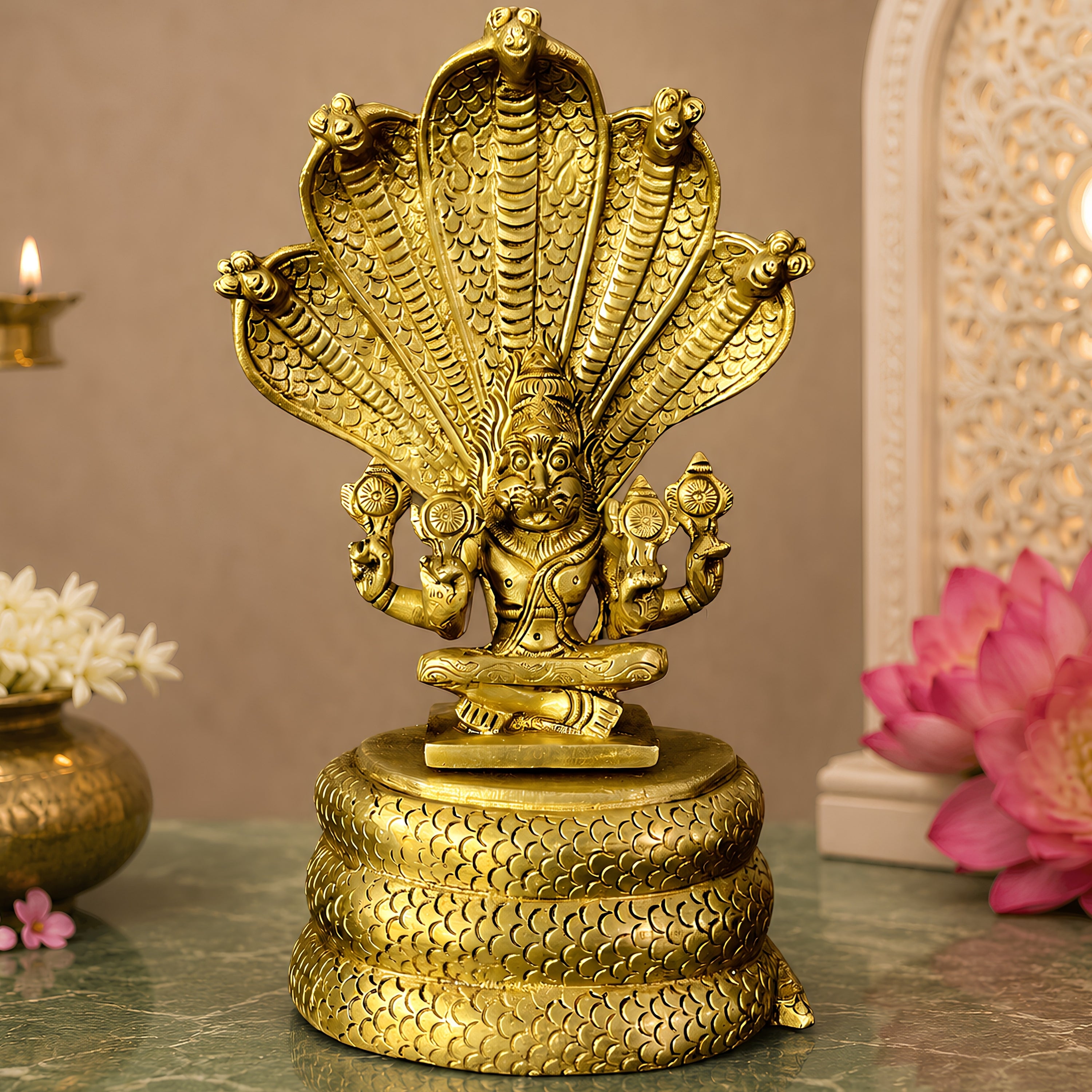 Brass Lord Narasimha on Sheshnag Idol