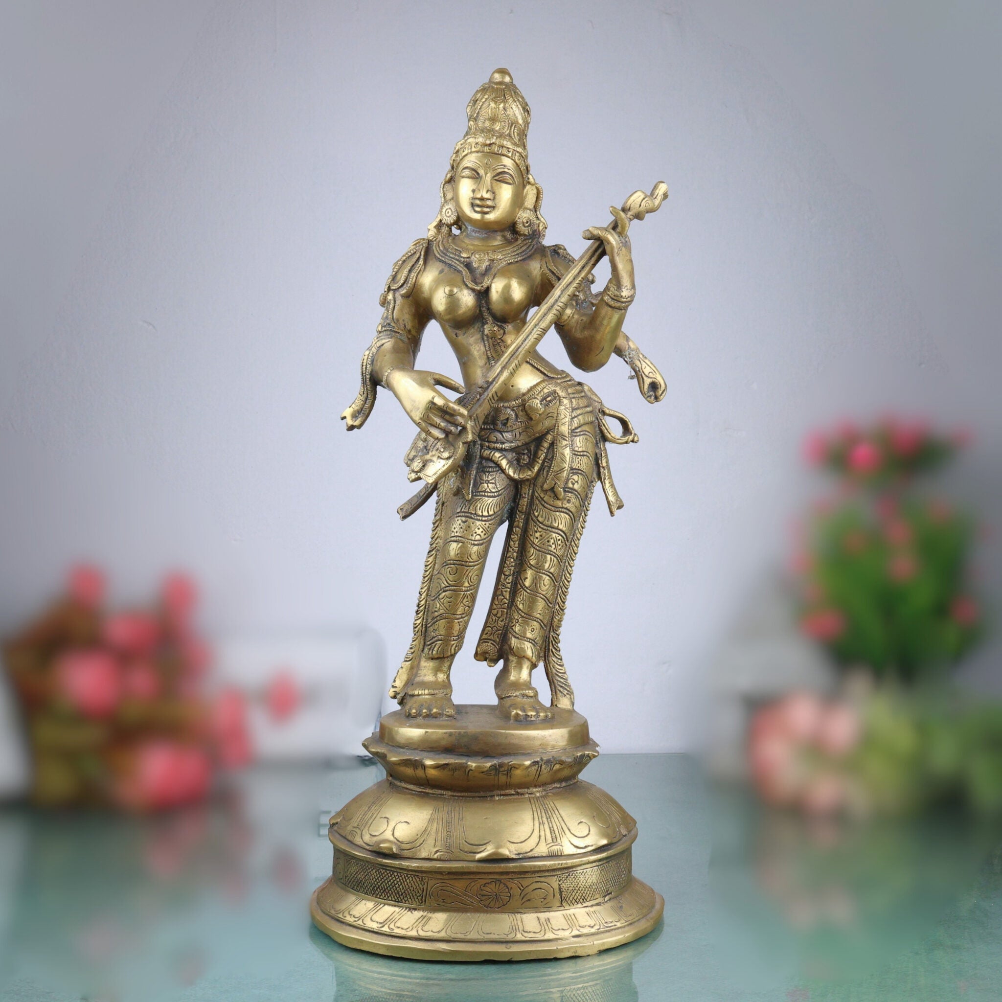 Brass Goddess Saraswati Idol, Sarasvati Statue, Vidya Devi, Saraswathi Vigraha For Pooja And Home Decor