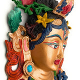 Hand Painted Brass Tara Face Idol, Tibetan Arya Tara Devi Drolma Mask, Pitala Durga Face Wall Hanging, 12 Inch, 1 Piece
