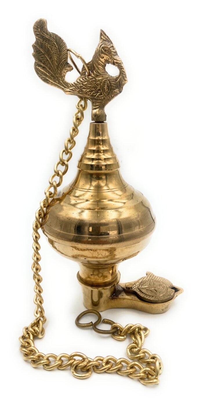 bhunes brass hanging traditional lamp, diya, pooja lamps, deep, deepam for home décor,gold, 9.5 inch, 1 piece