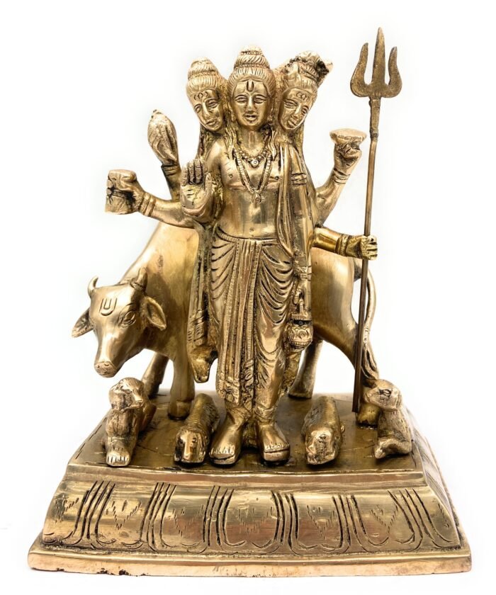 bhunes brass dattatreya tridev idols, god datta murti | trimurti | bhagwan,gold, 9 inch, 1 piece