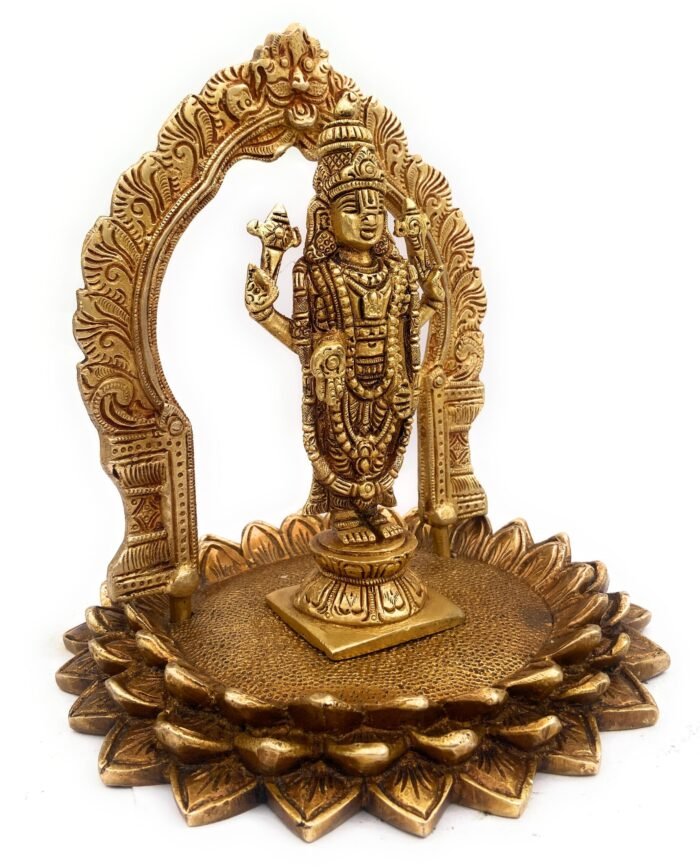 bhunes brass venkateshwara tirupati balaji murti idol for pooja room and home décor, tirupathi venketeshwara silai on lotus,gold, 8 inch, 1 piece