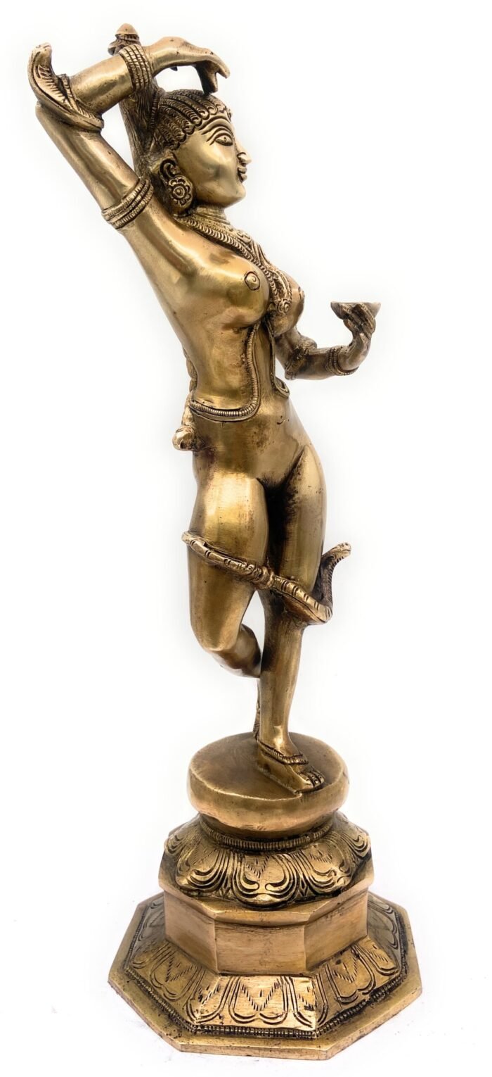 bhunes brass nag kanya statue, snake goddess nag kanya statue fertility goddess mansa devi,gold, 17.5 inch, 1 piece