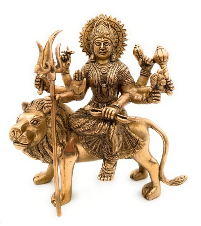 bhunes brass durga idol |goddess durga | durga maa | durga maa brass statue | goddess durga idol for home | goddess durga statue | durga devi statue for home | mandir | sherawali,gold, 10 inch, 1 piece