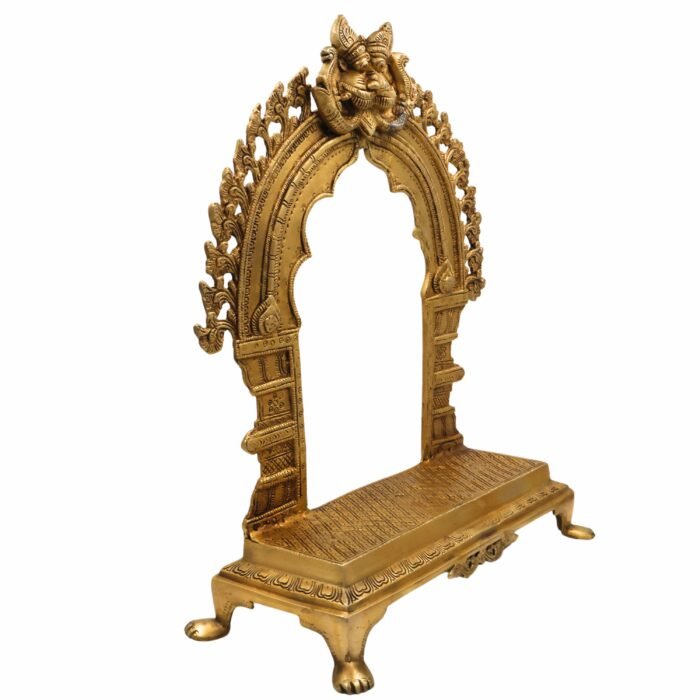 bhunes brass big shinghashan chowki peetha with prabhavali for god peeta peetalu peetham bajot for temple sinhasan with frame prabhaval pooja mandir prabhawali stand,gold, 17.5 inch, 1 piece