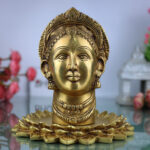 Handcrafted Brass Maha Lakshmi Face Idol on Lotus | Shree Kamala Devi Narayani Murti for Pooja, Home Temple & Decor,Gold, 8.5 Inch, 1 Piece