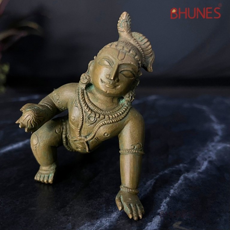 bhunes bronze krishna idols on leaf, statue for pooja, office, home decor, bal gopal ki murti,brown, 3.5 inch, 1 piece